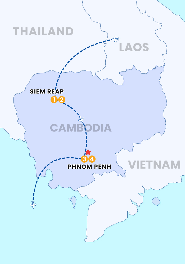 The map of 4 DAY SIEM REAP - PHNOM PENH TOUR BY FLIGHT