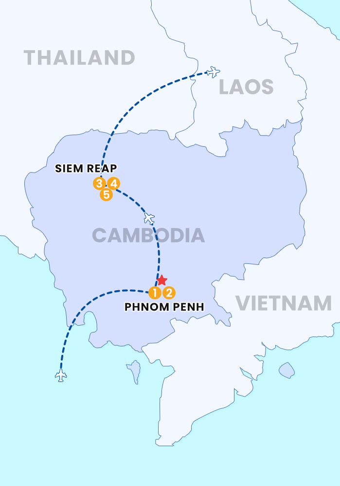 The map of 5 DAY PHNOM PENH - SIEM REAP TOUR BY FLIGHT