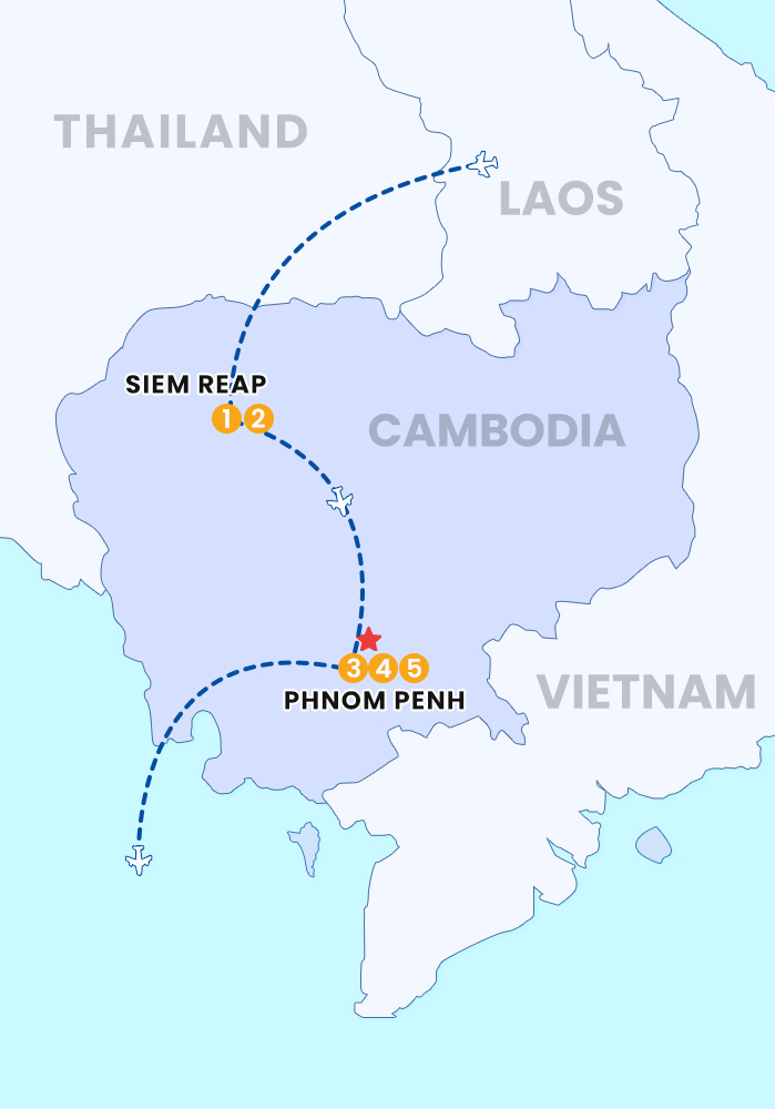 The map of 5 DAY SIEM REAP - PHNOM PENH TOUR BY FLIGHT