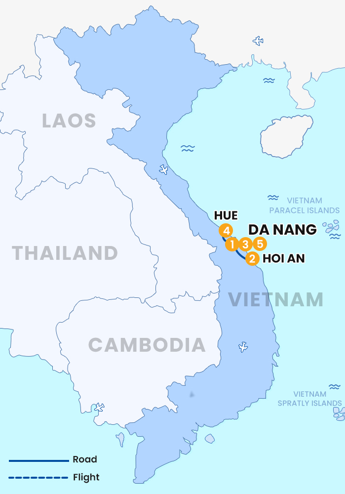 The map of Private Central Vietnam 5 Days Danang - Hoian - Hue