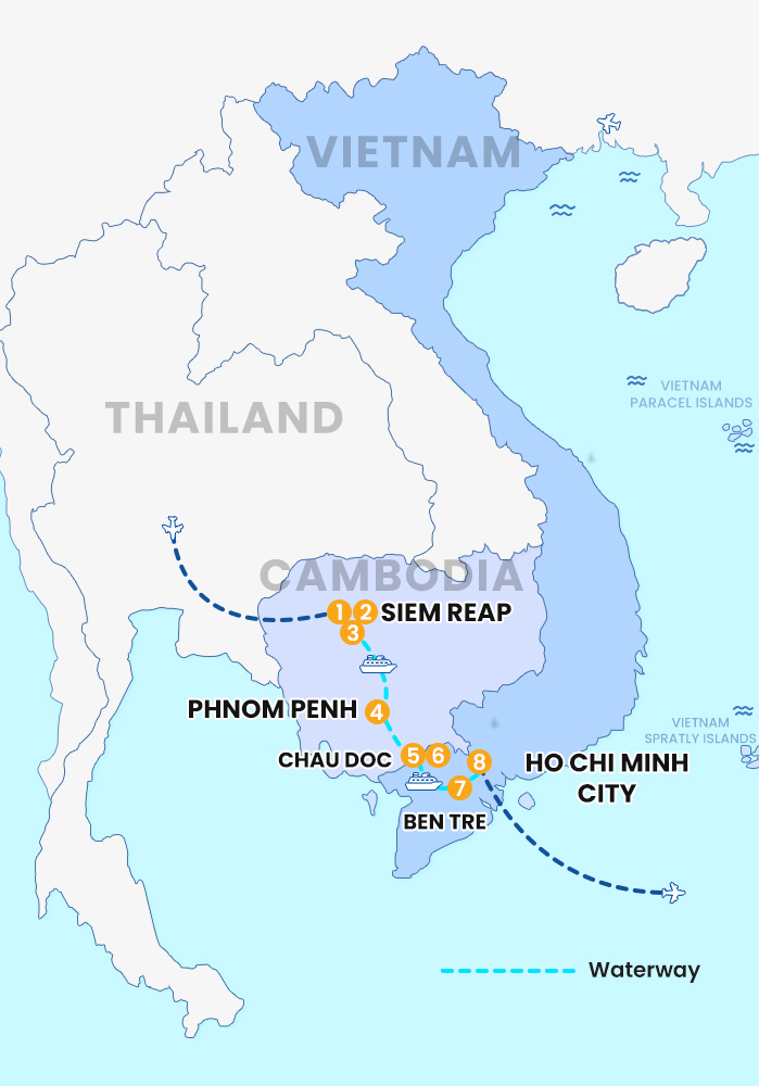 The map of Private Vietnam 8 Days 7 Nights - Classic Mekong River cruise from Siem Reap to Saigon