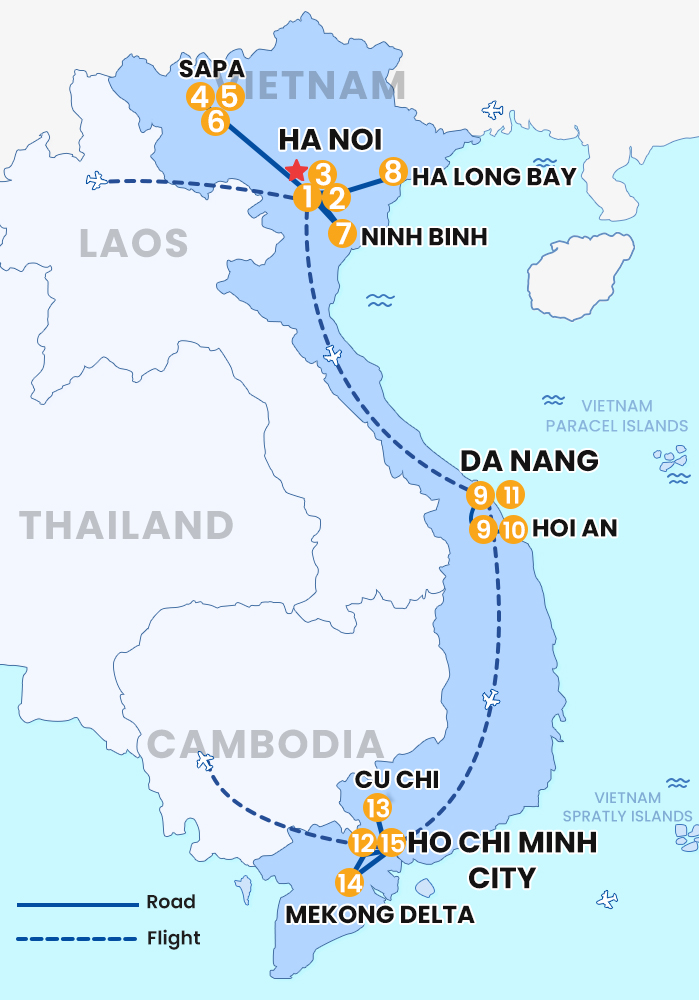 The map of Private Vietnam 15 Days 14 Nights - With Join Group Day Tours at Destination