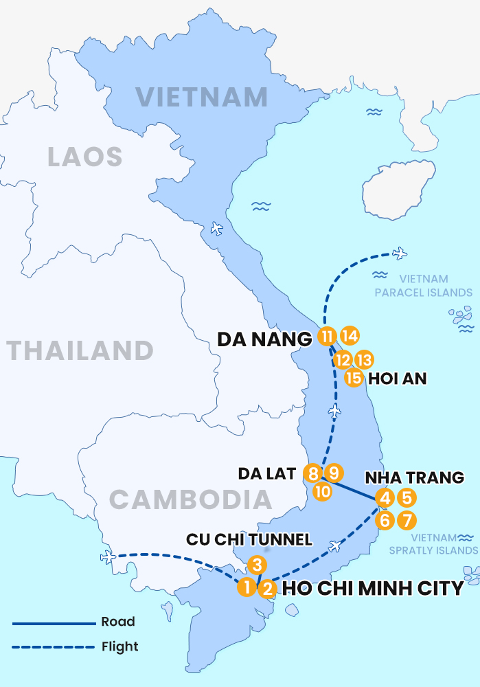 The map of Private Vietnam 15 Days 14 Nights - Hideaway South to Central