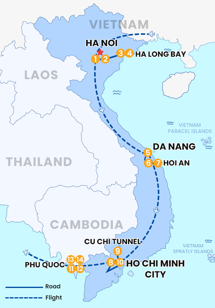 The map of Private Viet Nam 14 Days 13 Nights _Honey Moon Tour