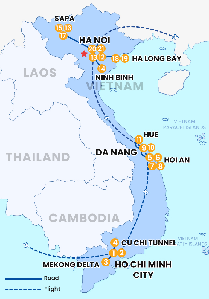 The map of Private Vietnam 21 Days 20 Nights - With Join Group Day Tours at Destination