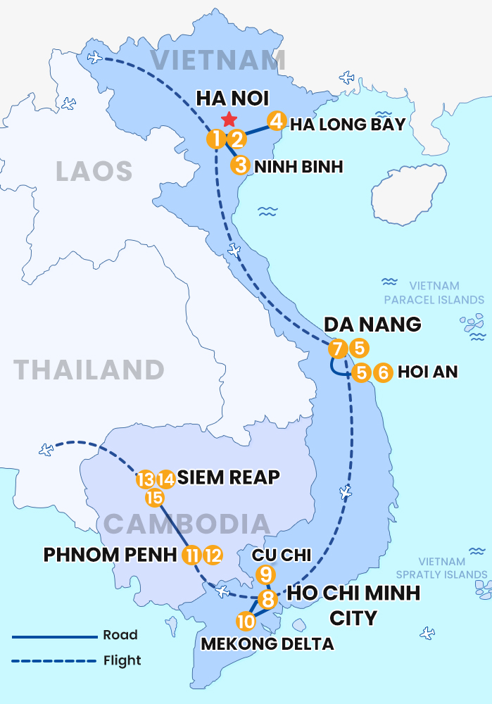 The map of Private Vietnam - Cambodia 15 Days 14 Nights - Indochina Ride
