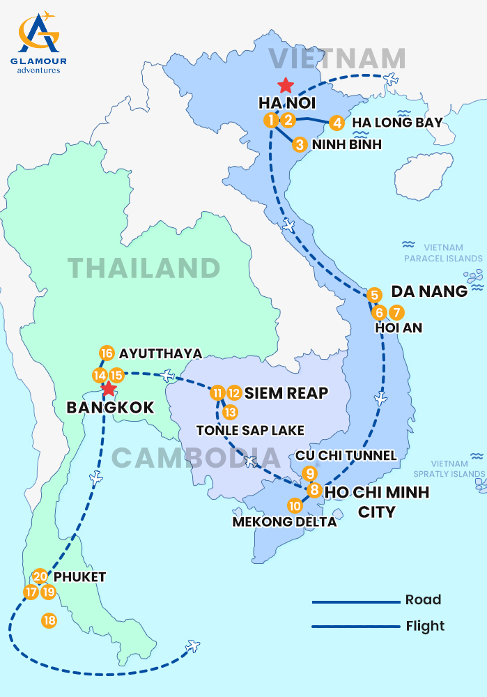 The map of Private Vietnam, Cambodia, Thailand 20 Days 19 Nights - Grand Indochina Journey