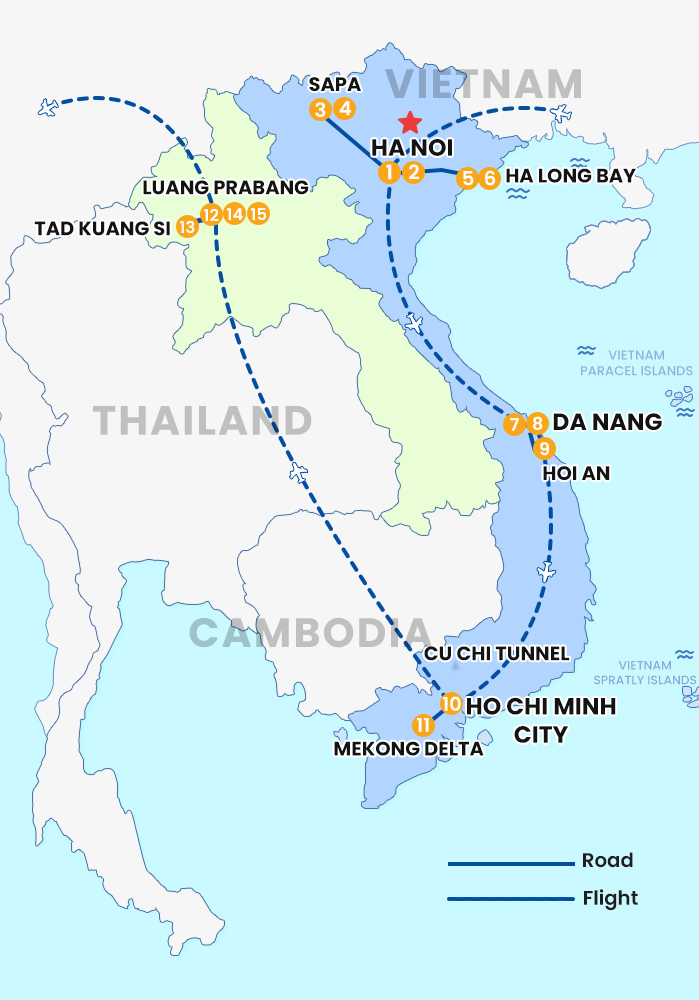 The map of Private Vietnam - Laos 15 Days 14 Nights - Hanoi to Luang Prabang