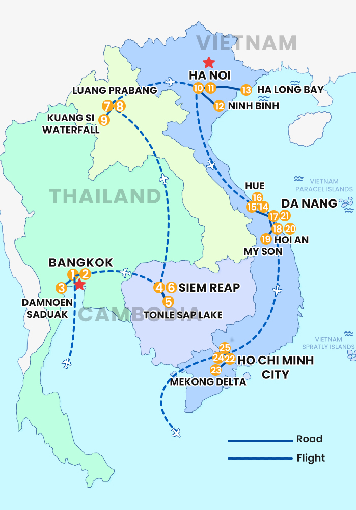 The map of Private Vietnam- Laos- Cambodia- Thailand 25 Days 24 Nights- Indochina Journey
