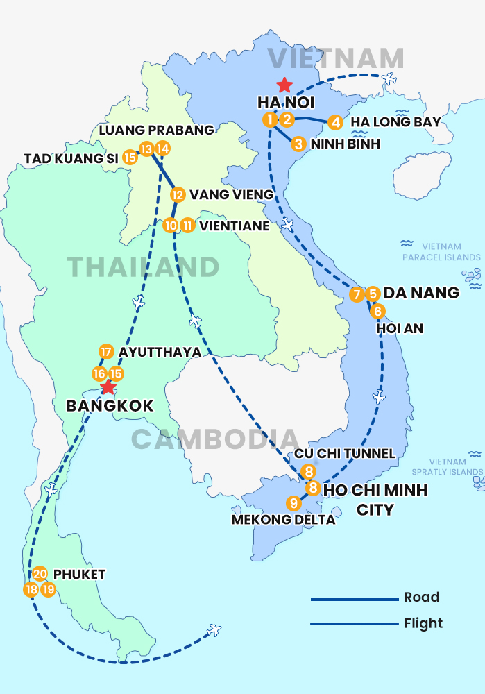 The map of Private VietNam – Laos – Thailand 20 Days- Mekong Journey
