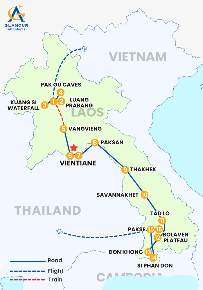 The map of 16 DAYS LAOS TOUR BEST SELLER - NORTH TO SOUTH
