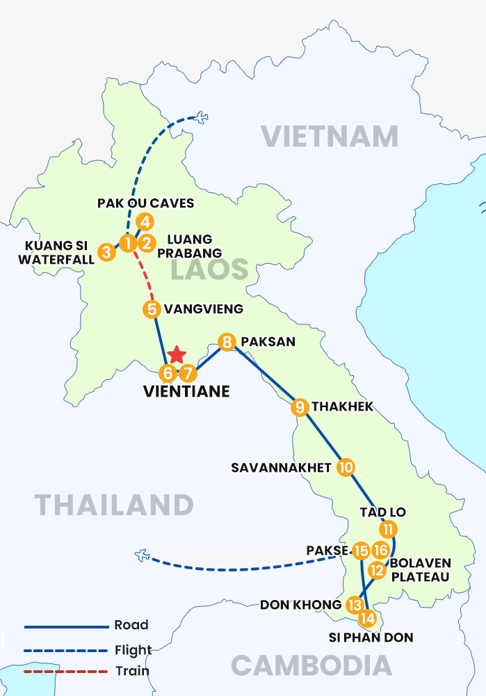The map of 16 DAYS LAOS TOUR BEST SELLER - NORTH TO SOUTH