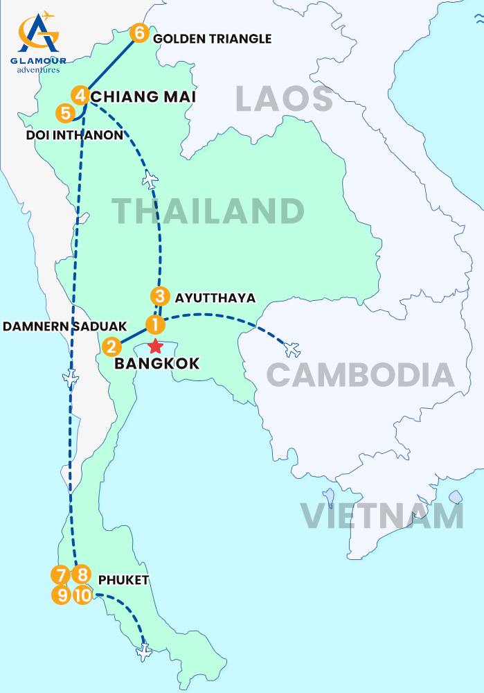 The map of THAILAND PACKAGE TOUR 7 DAYS BANGKOK - CHIANG MAI - PHUKET