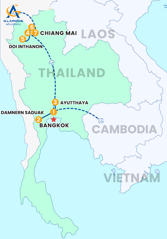 The map of THAILAND PACKAGE TOUR 7 DAYS  BANGKOK - CHIANG MAI