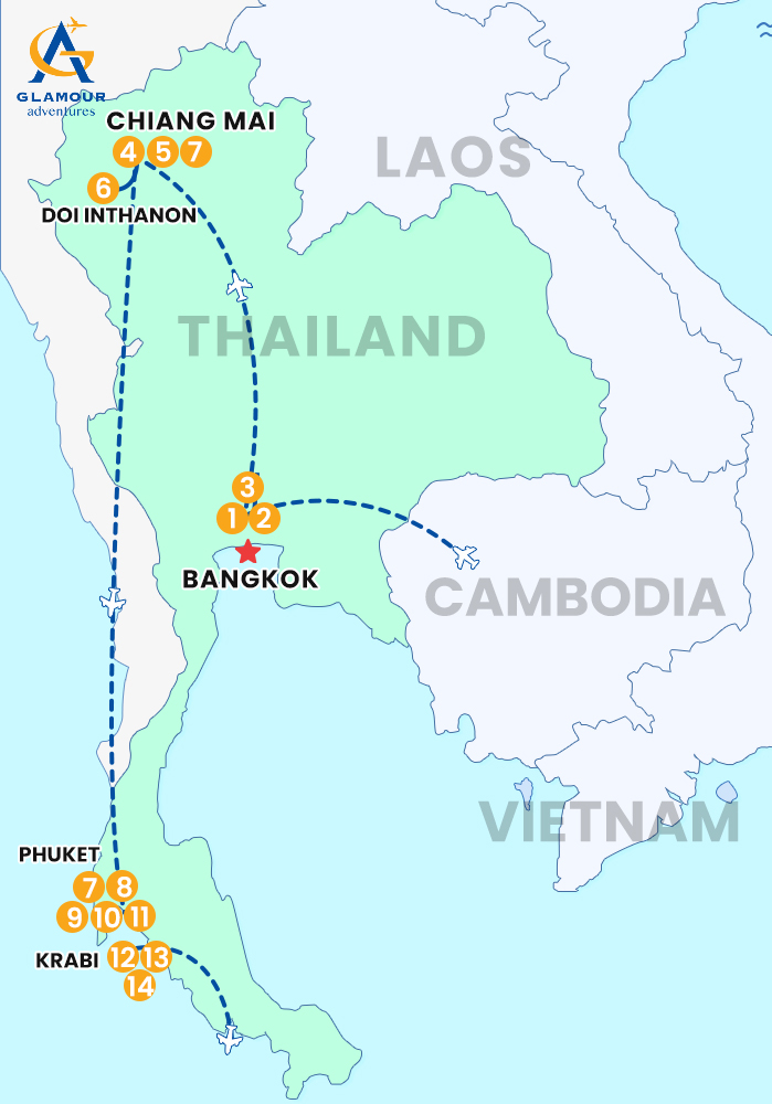 The map of THAILAND PACKAGE TOUR 15 DAYS BANGKOK - CHIANG MAI - PHUKET