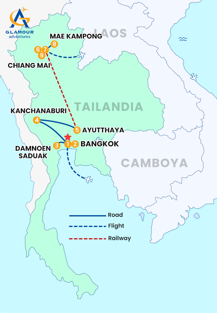 The map of Tesoros de Tailandia 9 días 8 noches