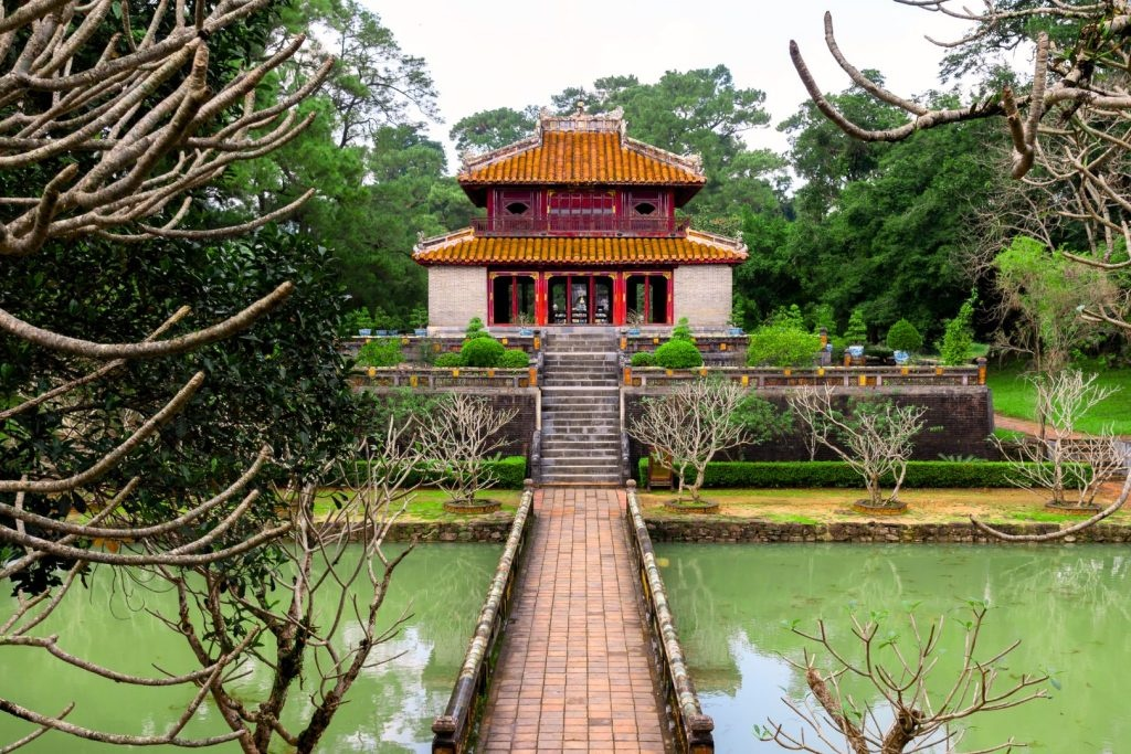 Ancient royal pavilion and lotus pond inside Hue Imperial Citadel