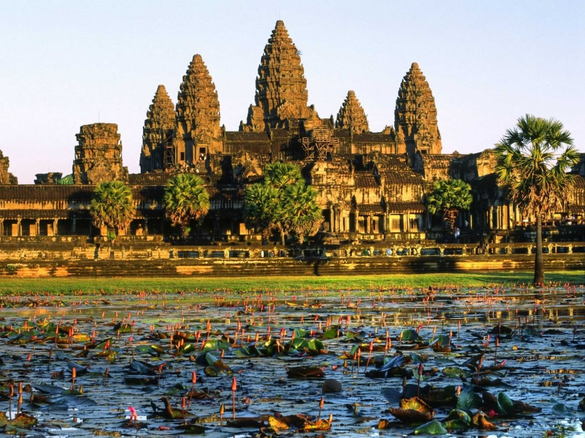 Angkor Wat temple reflected in lotus pond at Siem Reap