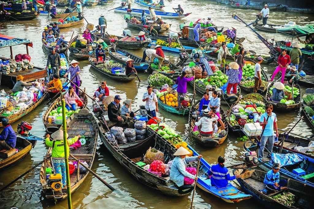 High-angle view of crowded trading boats at a Mekong Delta floating market
