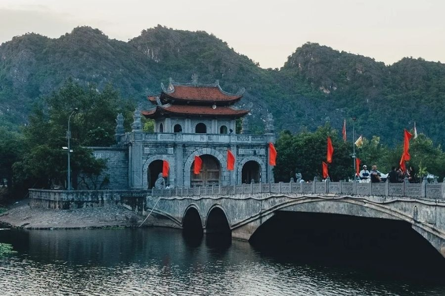 Ancient stone bridge and entrance gate of Hoa Lu Ancient Citadel in Ninh Binh